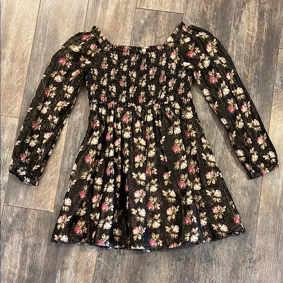 GAP Black and Gold Floral Square Neck Puff Sleeve Knee-Length Dress - Picture 9 of 10